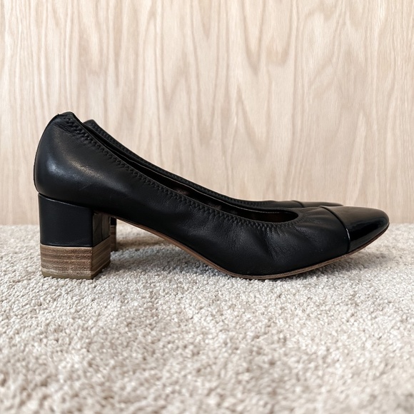 AGL Cap Toe Black Leather Pump Elastic Topline Block Heel - Picture 2 of 15